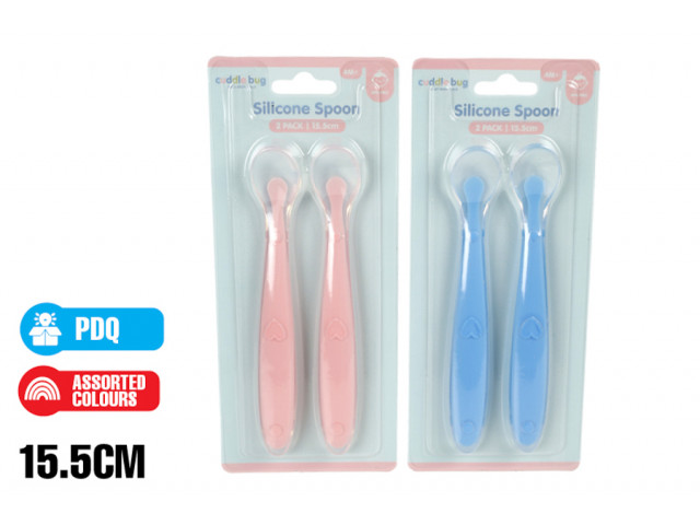 BABY FEEDING SILICONE SPOON 2PK 2 ASST PINK BLUE 15.5CM