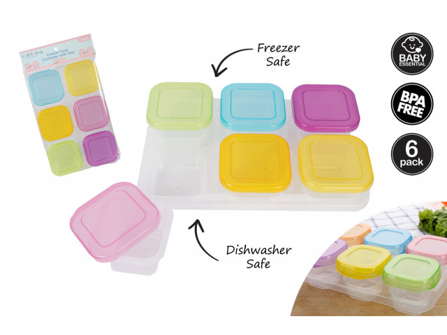 6 PACK BABY FREEZER FOOD CONTAINER WITH TRAY ASST CLRS