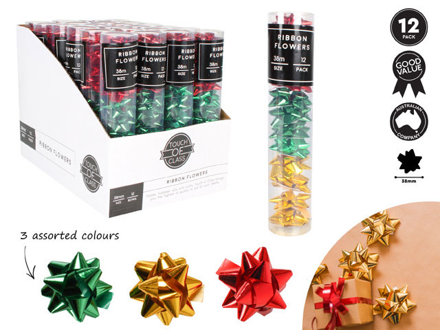 RIBBON STAR FLOWER 3.8CM 12PC 3 ASST CLRS