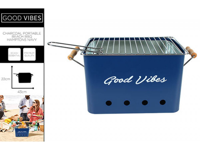 CHARCOAL PORTABLE BEACH BBQ HAMPTONS NAVY 43 X 22 X 22CM