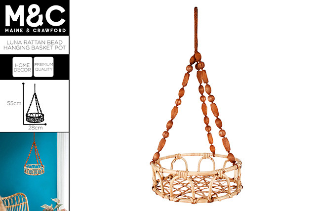 BEAD HANGING BASKET 55X28CM RATTAN BASE