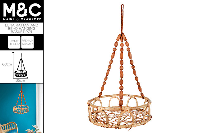 BEAD HANGING BASKET 60X35CM RATTAN BASE