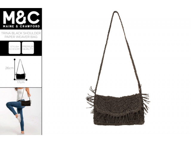 TRINA BLACK SHOULDER PAPER WEAVE BAG 26 X 17CM