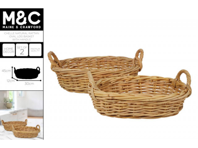 CHELLE NATURAL RATTAN OVAL LOG BASKET W HANDLE S2 45x30x12CM