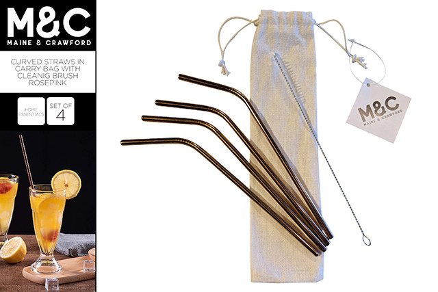 4PK CURVED SS STRAWS IN CARRY BAG W CLEANING BRUSH ROSEPINK