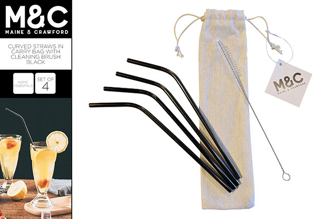 4PK CURVED SS STRAWS IN CARRY BAG WITH CLEANING BRUSH BLACK