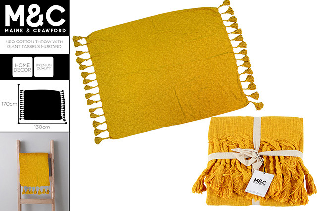 NEO COTTON THROW WITH GIANT TASSELS MUSTARD 170X130CM