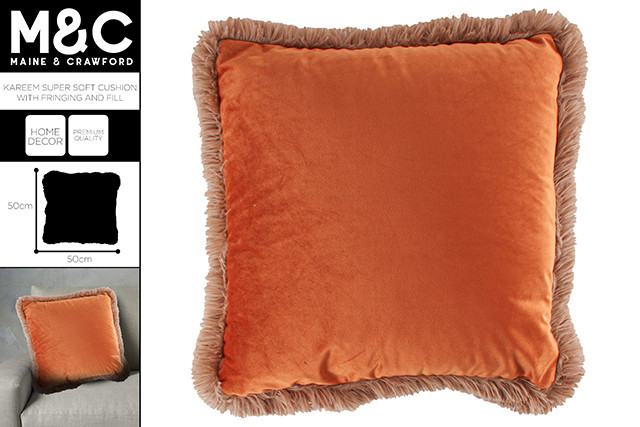 KAREEM SUPER SOFT CUSHION WITH FRINGING AND FILL 50X50CM GOLD