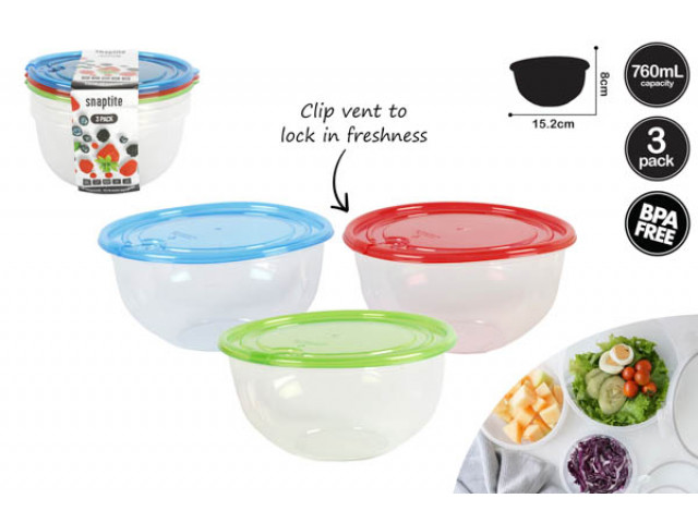 BOWL FOOD STORAGE CONTAINERS 3PK 3 ASST CLRS 760ML 15.2x8CM