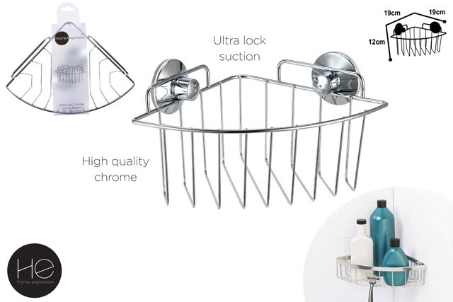 CHROME CORNER BASKET ULTRA LOCK SUCTION 19X19X12CM