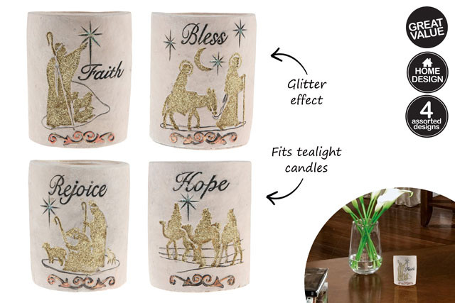 TEALIGHT HOLDER EMBO RND  W/GLIT 4 ASST DES 9x11CM