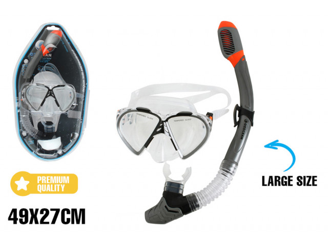 MASK SNORKEL SET HAYMAN ADULTS DRY TOP SIL GREY & BLK 49X27CM