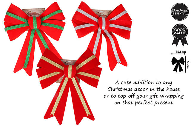 BOW VELVET GLITTER 50 x 35.5CM 3 ASST CLRS