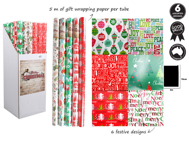 WRAPPING PAPER 70CM X 5M 6 ASST DESIGNS IN DISPLAY