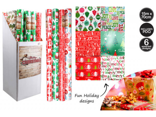 WRAPPING PAPER 15M X 70CM 6 ASST XMAS DESIGNS