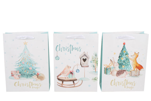 SMALL XMAS WHITE COLLECTION GIFT BAGS 18X24X8CM 3 ASST