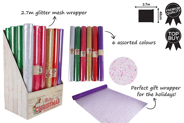 GLITTER MESH MULTI USE WRAP OR BASKET LINER 2.7M X 48CM 7ASST