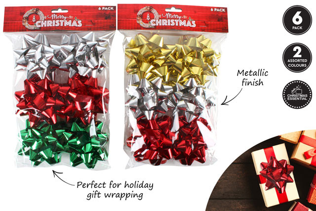 6PCE METALLIC STAR BOW 2 ASST 9CM