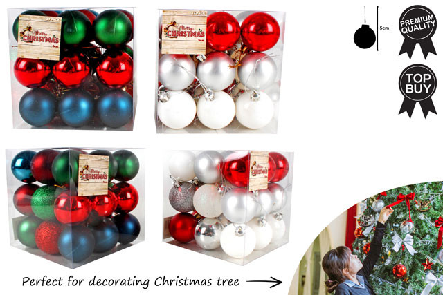 27PC SHINY MATT GLITTER BAUBLES 5CM IN PVC BOX 2 ASST