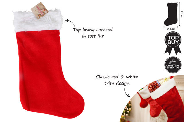 XMAS STOCKING PLUSH TRAD RED AND WHITE 41 X 21.5CM