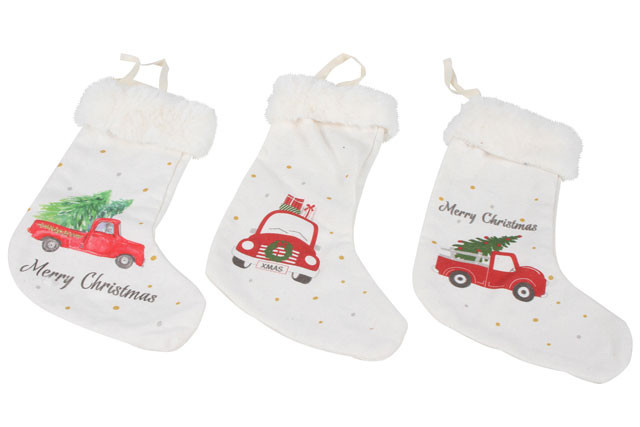 XMAS TRUCK STOCKING W FURR OVER TURN 3 ASST DES 19X13CM