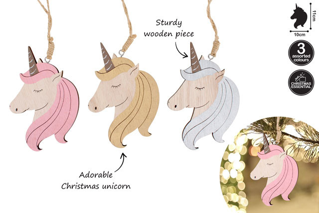 XMAS UNICORN WOOD TREE DECO 3 ASSTD COLOURS 11X10CM