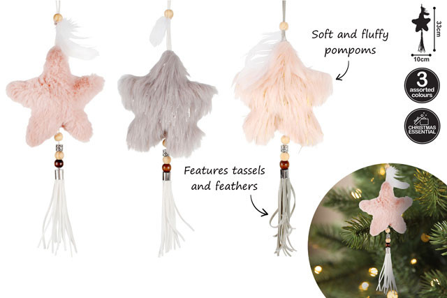 FURRY STAR WITH TASSELS 33X10CM 3 ASSTD CLRS