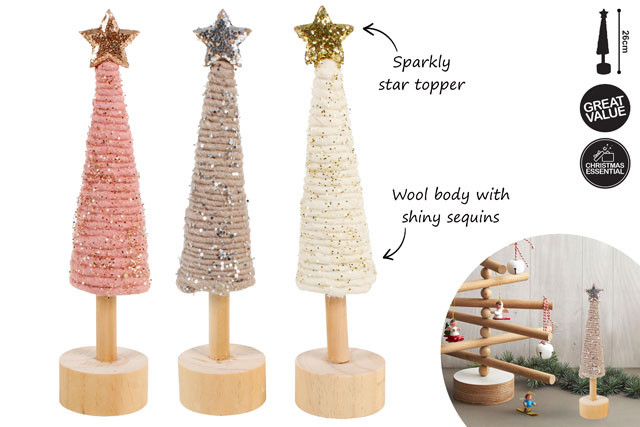 XMAS TREE GLITTER WOOL 3 ASST CLRS 26CM
