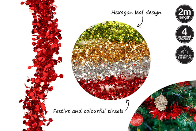 2M x 9CM HEXAGON LEAF SHINY TINSEL 4 ASST CLRS