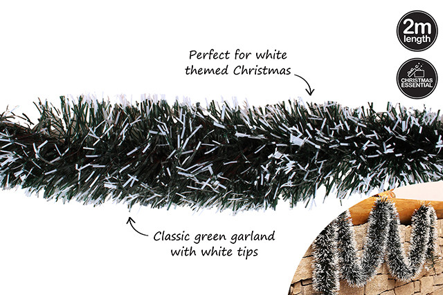 9CM 2M XMAS TREE GARLAND TINSEL WITH WHITE TIPS