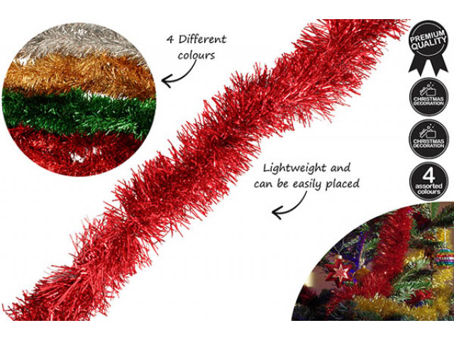 2M x 9CM TINSEL 4 ASST COLOURS 