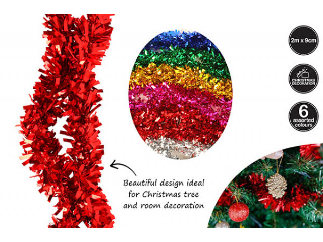2M x 9CM TINSEL 6 ASST COLOURS 