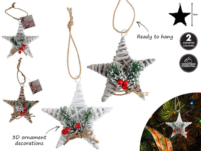 WOOD STAR ORNAMENT 2 ASSTD DES 15CM