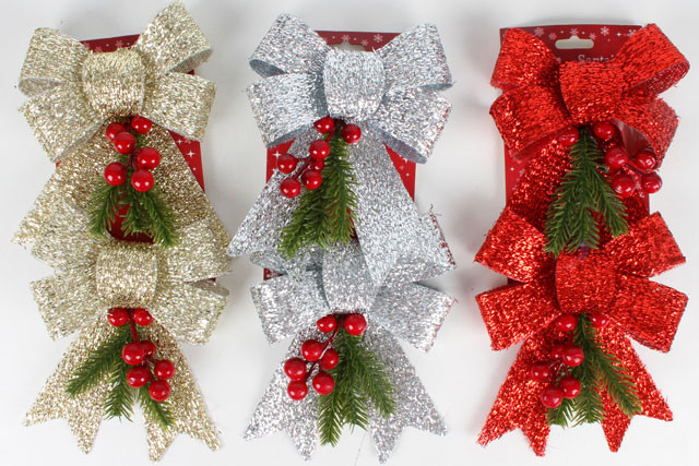 2PK GLITTER BOWS WITH PINE AND BERRIES 14X19CM 2 ASSTD CLRS
