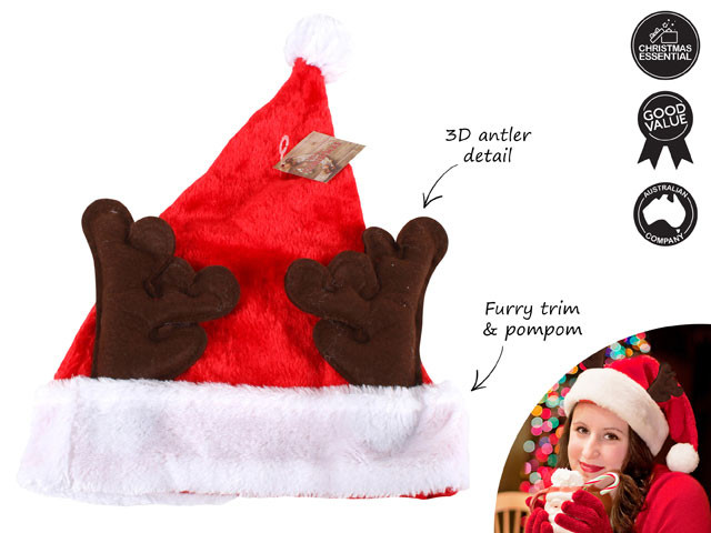SANTA HAT DELUXE WITH ANTLERS 39X29CM