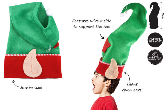 JUMBO STAND UP ELF HAT WITH WIRE 70X28CM