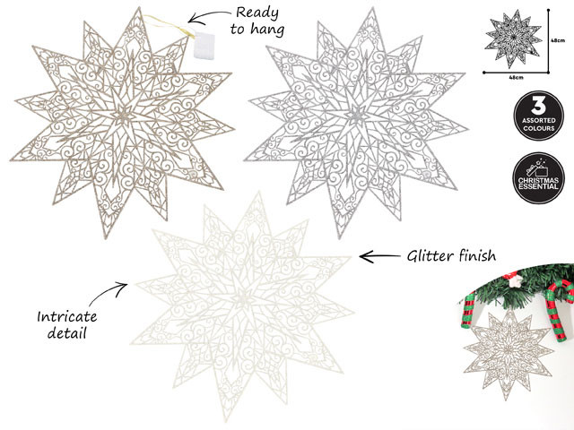 GLITTER STAR PLACEMAT OR HANGING DECO 48CM 3 ASSTD CLRS