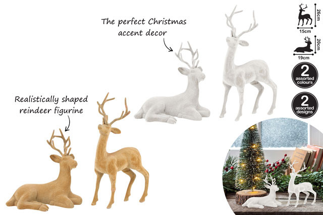 BROWN FLOCKED REINDEER 15X26CM & 19X20CM 2 ASSTD DES