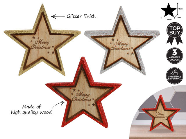 WOOD GLITTER STAR 13X13X 2CM 3 ASSTD CLRS