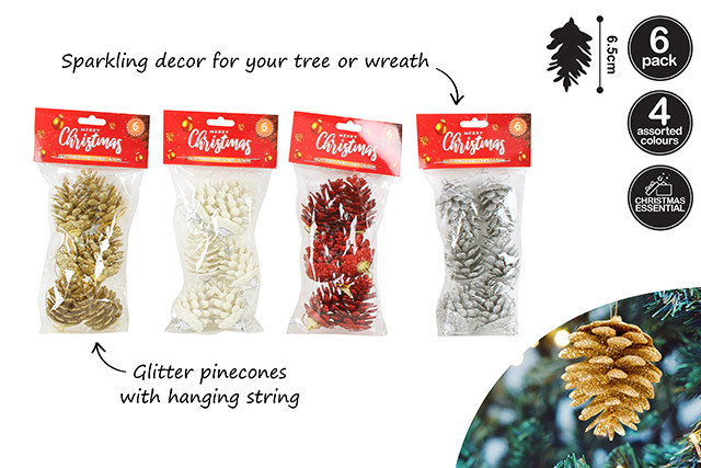 6PCS PAINTED PINE CONE 6.35X6.35CM 4 ASST CLRS