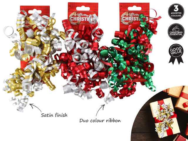 2 COLOUR CURLY BOW MATTE METALLIC 3 ASST CLRS 15X7X7CM