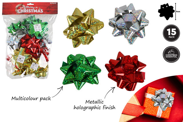 15 PCE 9CM STAR BOWS METALLIC AND HOLOGRAPHIC